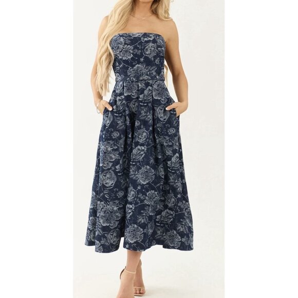 Baltic Born Dresses & Skirts - Baltic Born Women’s Jacquard Blue Denim Strapless Belted Printed Dress Size L